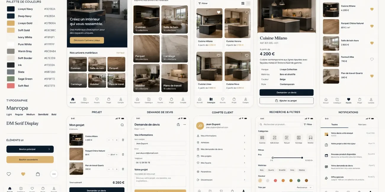 Design system et écrans d'application Livayo pour la vente de mobilier sur mesure, réalisés par Taladova