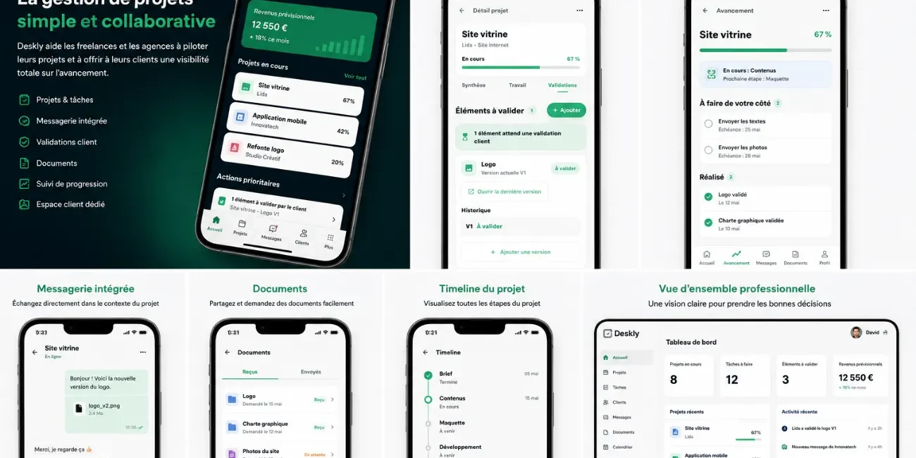 Écrans de l'application Deskly, outil de gestion de projets collaboratif pour freelances et agences