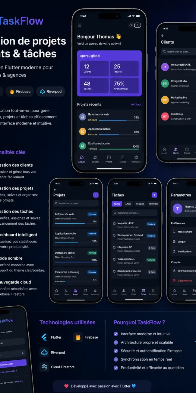 Interface de TaskFlow, application Flutter de gestion de projets et tâches pour agences, développée par Taladova