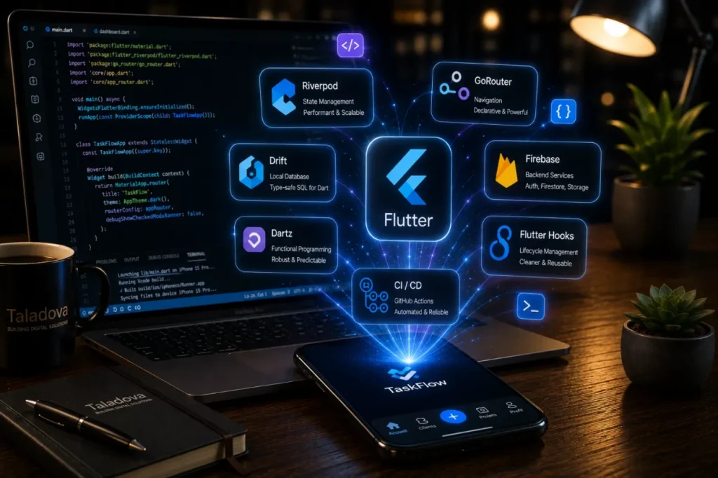 Illustration du développement d'applications mobiles Flutter par Taladova
