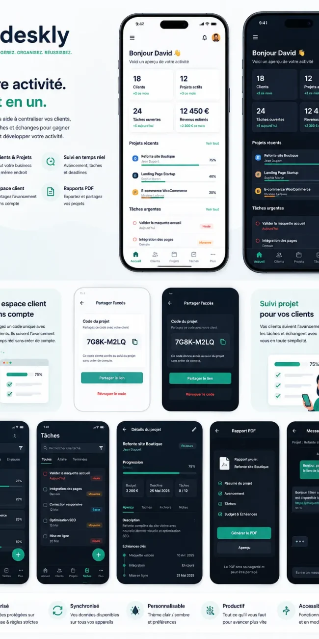 Interface mobile de l'application Deskly pour le suivi de projets et la validation client