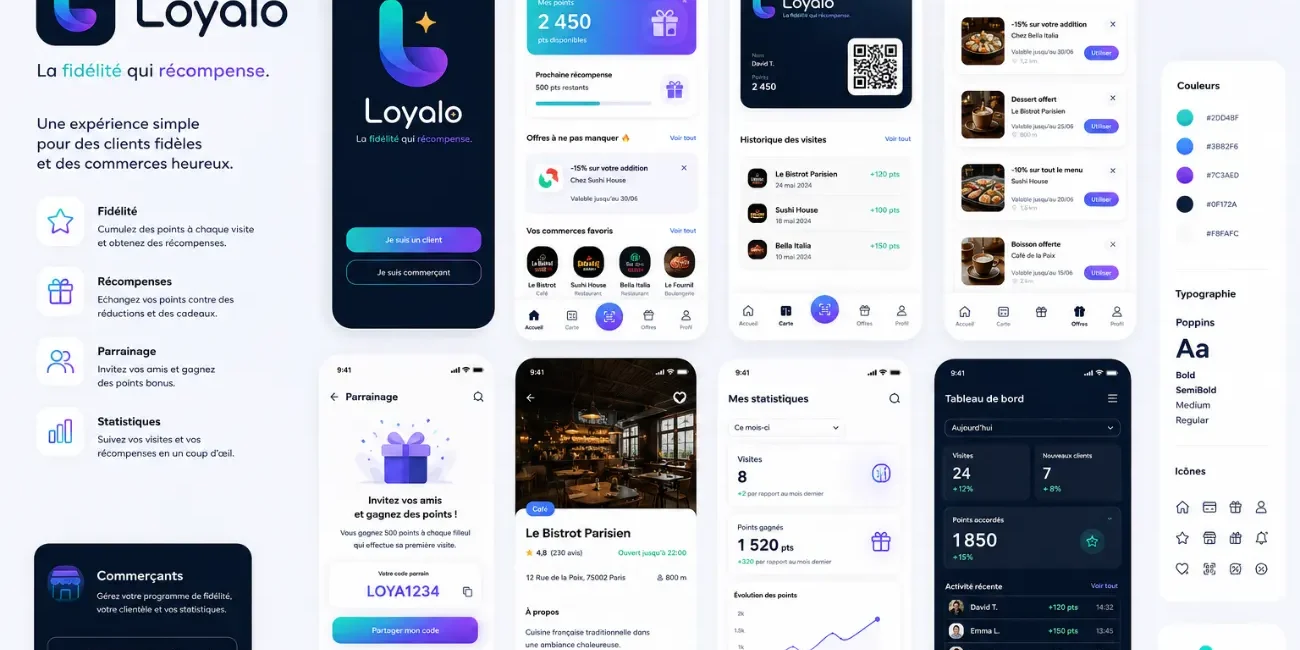 Écrans de l'application de fidélité Loyalo : programme de récompenses et tableau de bord commerçant
