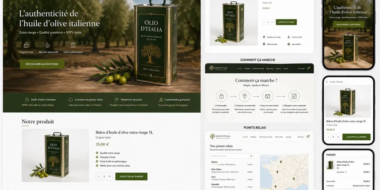 Maquette de site e-commerce pour une marque d'huile d'olive italienne, réalisée par Taladova