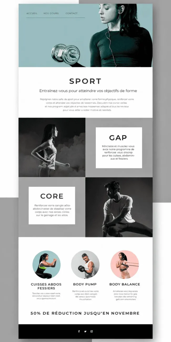 Maquette de newsletter sur le thème du sport, réalisée par Taladova